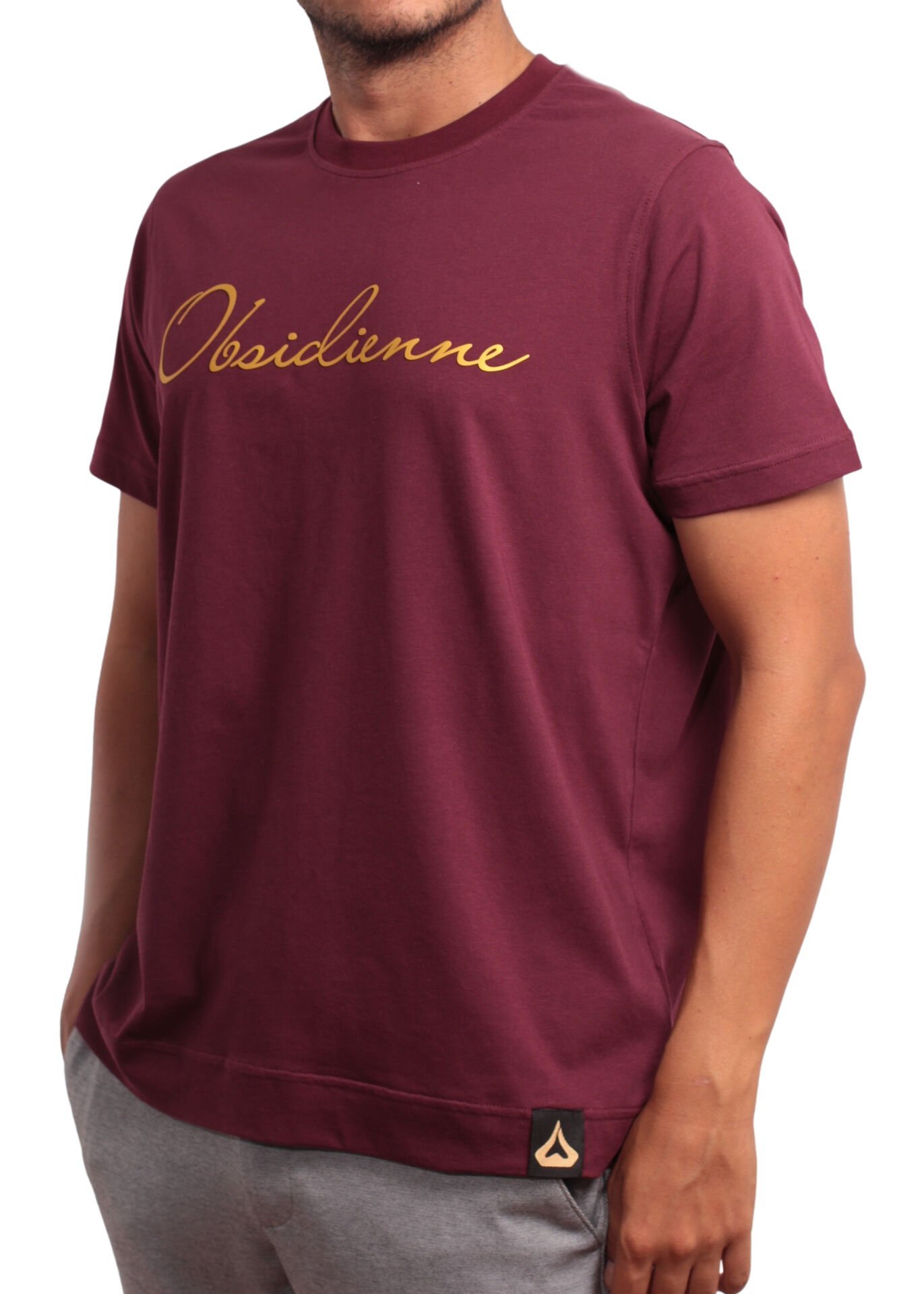 Regular Fit %100 Pamuk T-shirt – Gold Obsidienne Yazılı, Bordo Renk