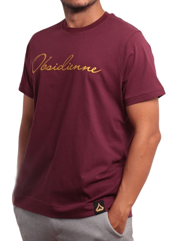 Regular Fit %100 Pamuk T-shirt – Gold Obsidienne Yazılı, Bordo Renk